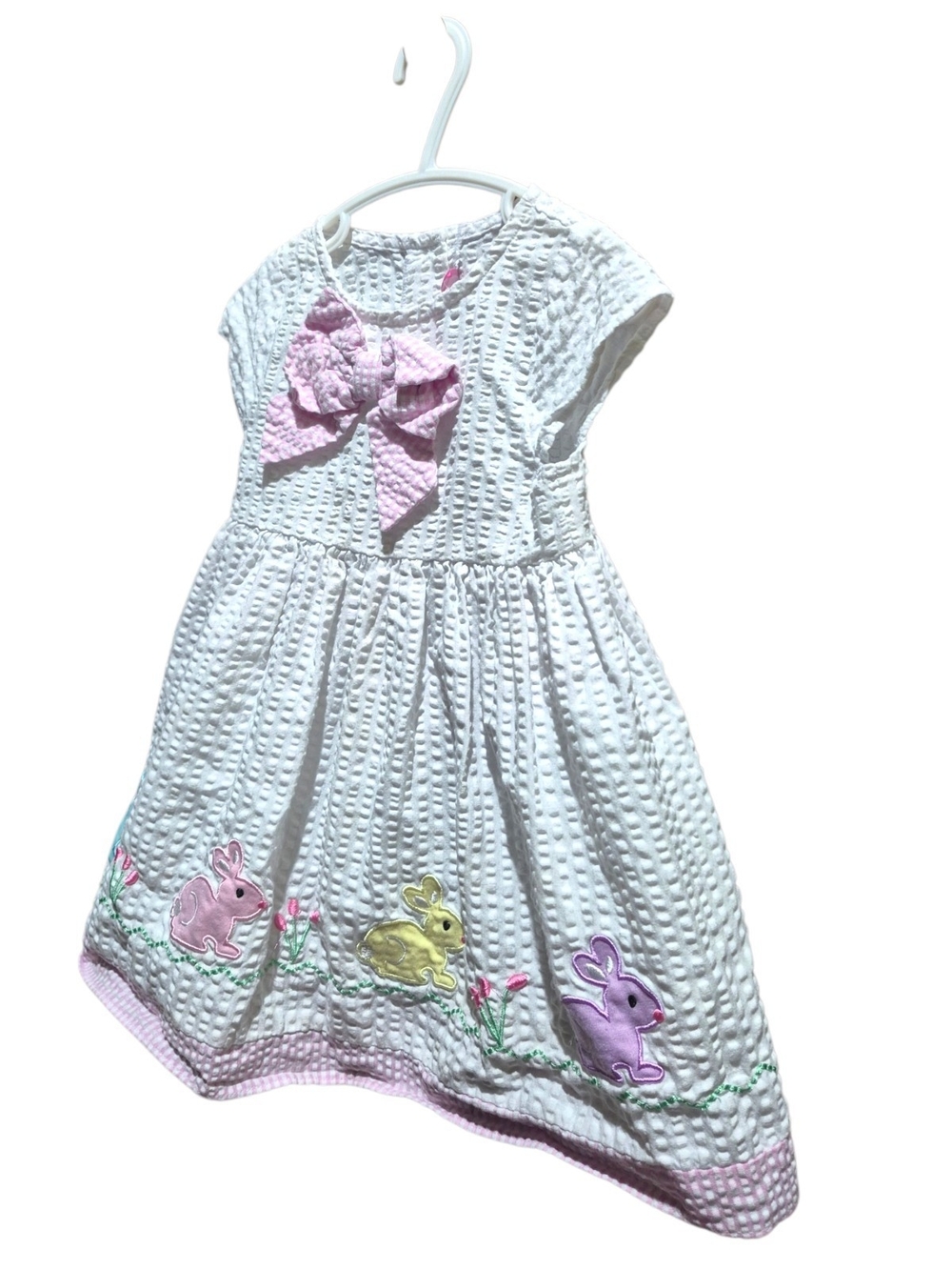 Good Lad White Seersucker Dress with Pink Bow and Pastel Bunny Appliques